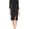 Calvin Klein 3/4 Sleeve Scuba Crepe Sheath Dress With Asymmetrical Neckline & Slit