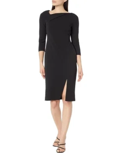 Calvin Klein 3/4 Sleeve Scuba Crepe Sheath Dress With Asymmetrical Neckline & Slit