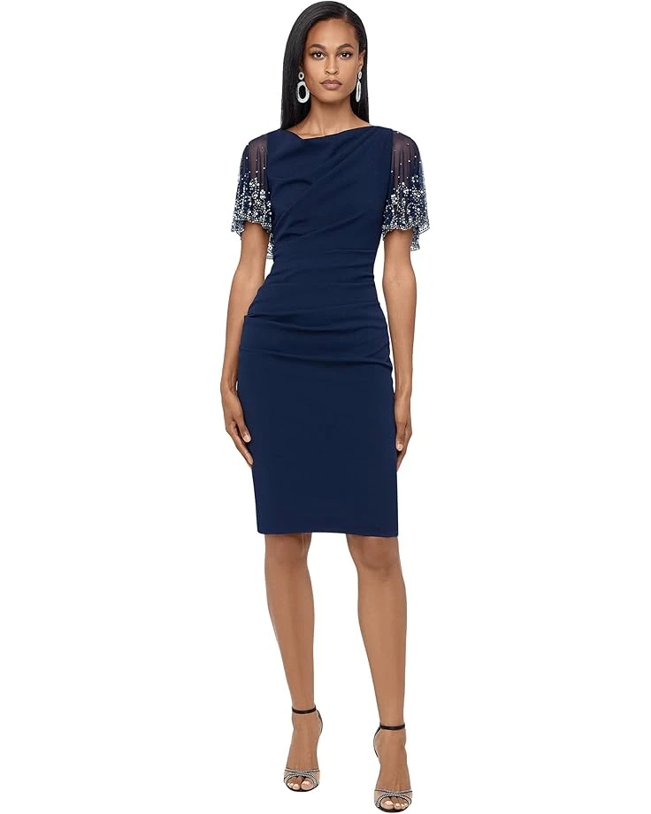 Betsy & Adam Short Ruched Crepe W/ Beaded Flutter Sleeve 1 Betsy & Adam Short Ruched Crepe W/ Beaded Flutter Sleeve